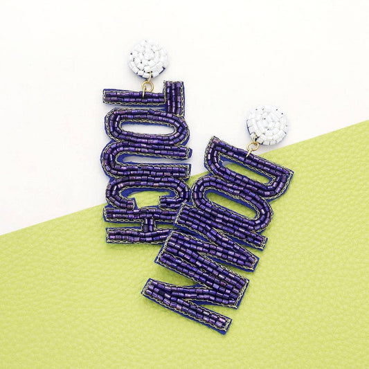 Game Day Felt Back Beaded Touch Down Message Dangle Earrings: Royal Blue,White