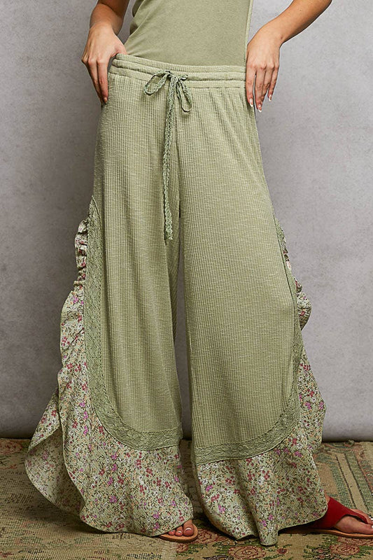 Floral Pattern Ruffle Detail Ribbed Knit Pants