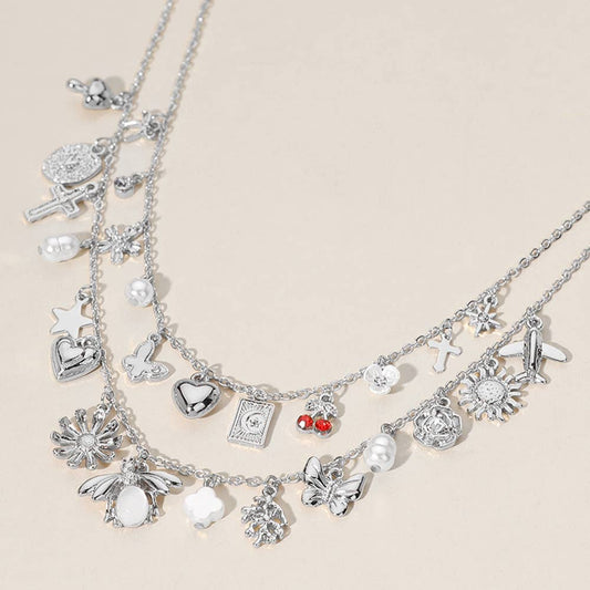 Cherry Butterfly Pearl Quatrefoil Charm Layered Necklace