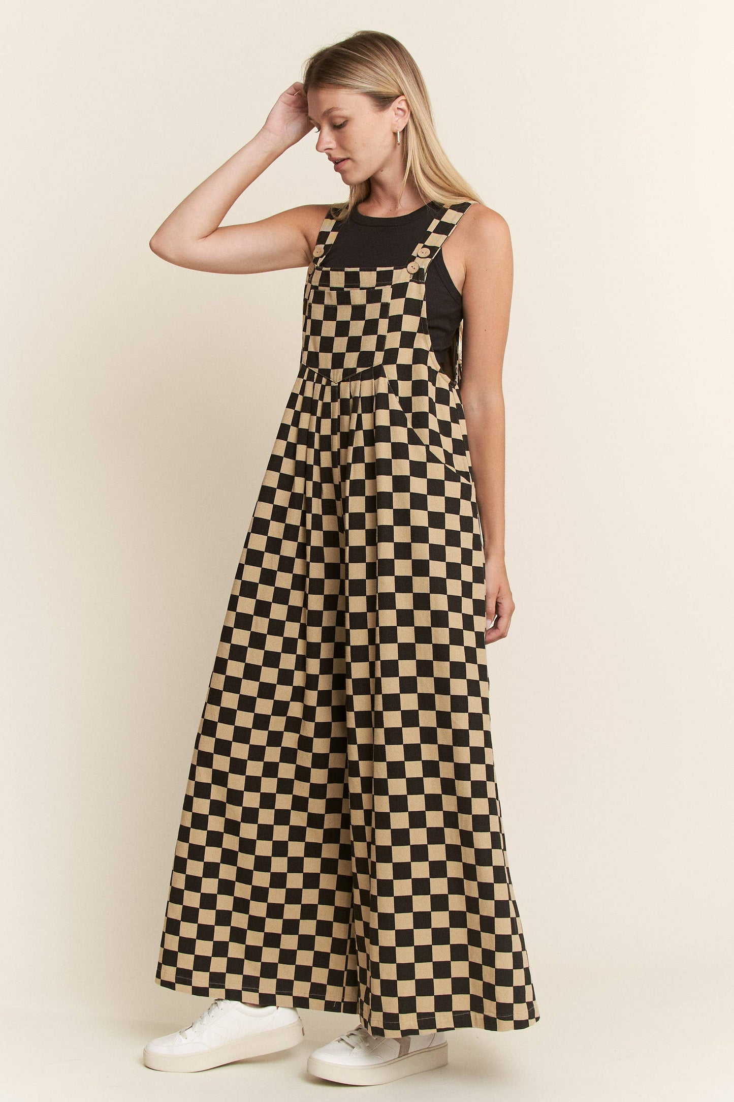 CHECKERED WIDE LEG OVERALLS