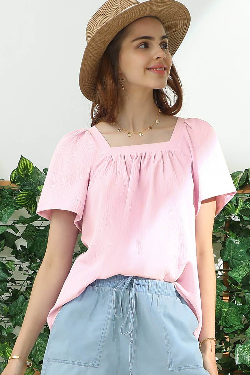PLUS SQAURE NECK RUFFLE NECK SHORT SLEEVE BLOUSE