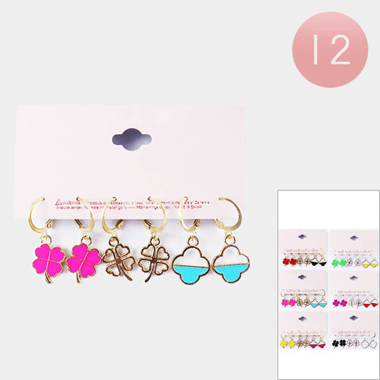 Set of 3 - Enamel Clover Quatrefoil Lever Back Earrings
