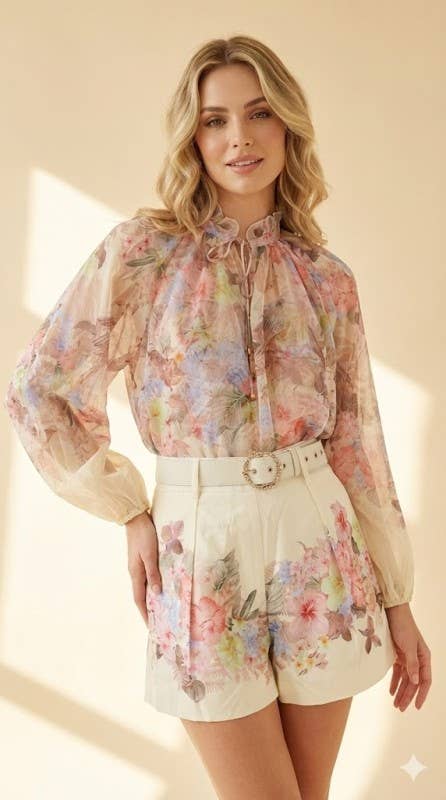 Tropical Floral Blouse and Shorts Set