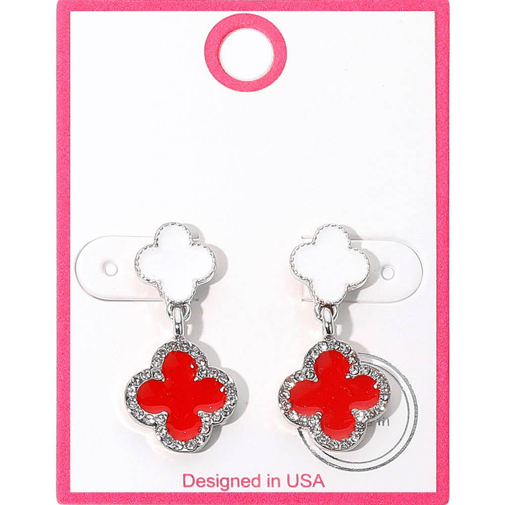 Rhinestone Accented Quatrefoil Drop Earrings: Black,Rhodium,White