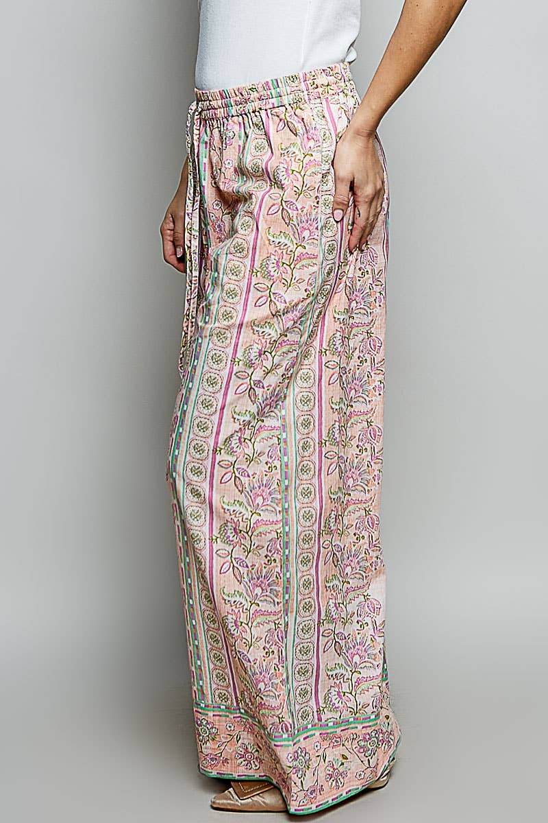 Floral Stripe Block Print Elastic Waist Wide Leg Pants