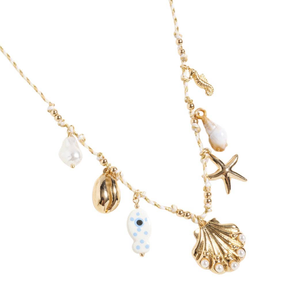 J5. Pearl Seashell Starfish Seahorse Charm Station Fabric Chain Twisted Necklace