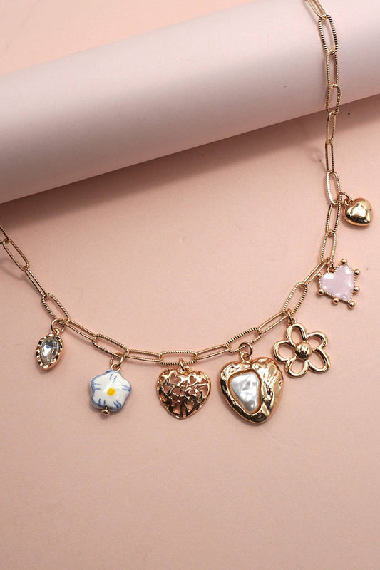 PORCELAIN HEART FLOWER CHARM Necklace| 80N91802