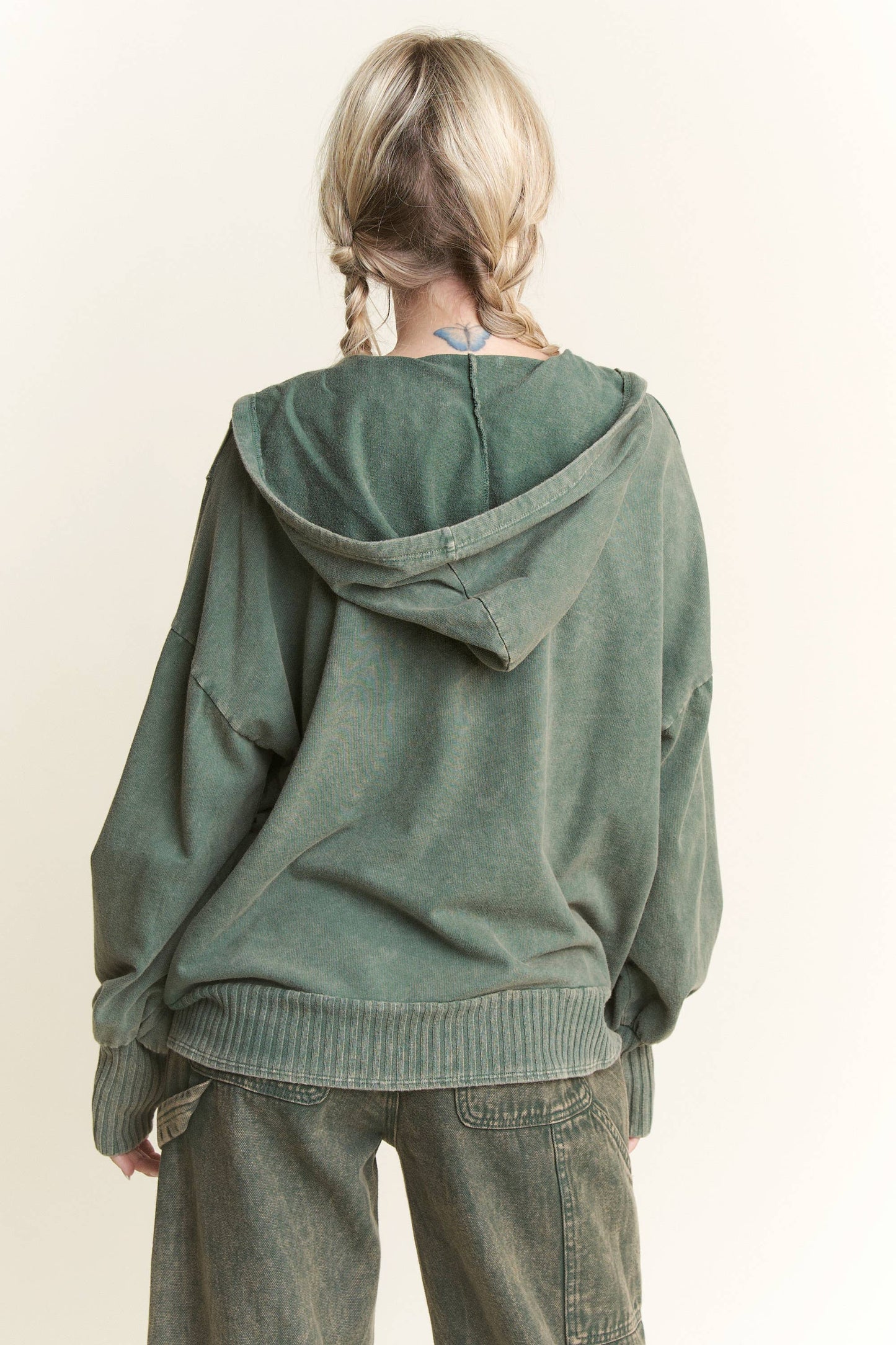 MineralWash Vneck Hoodie Sweatshirt with Thumbholes HT5958: Olive / S-M-L / 2-2-2