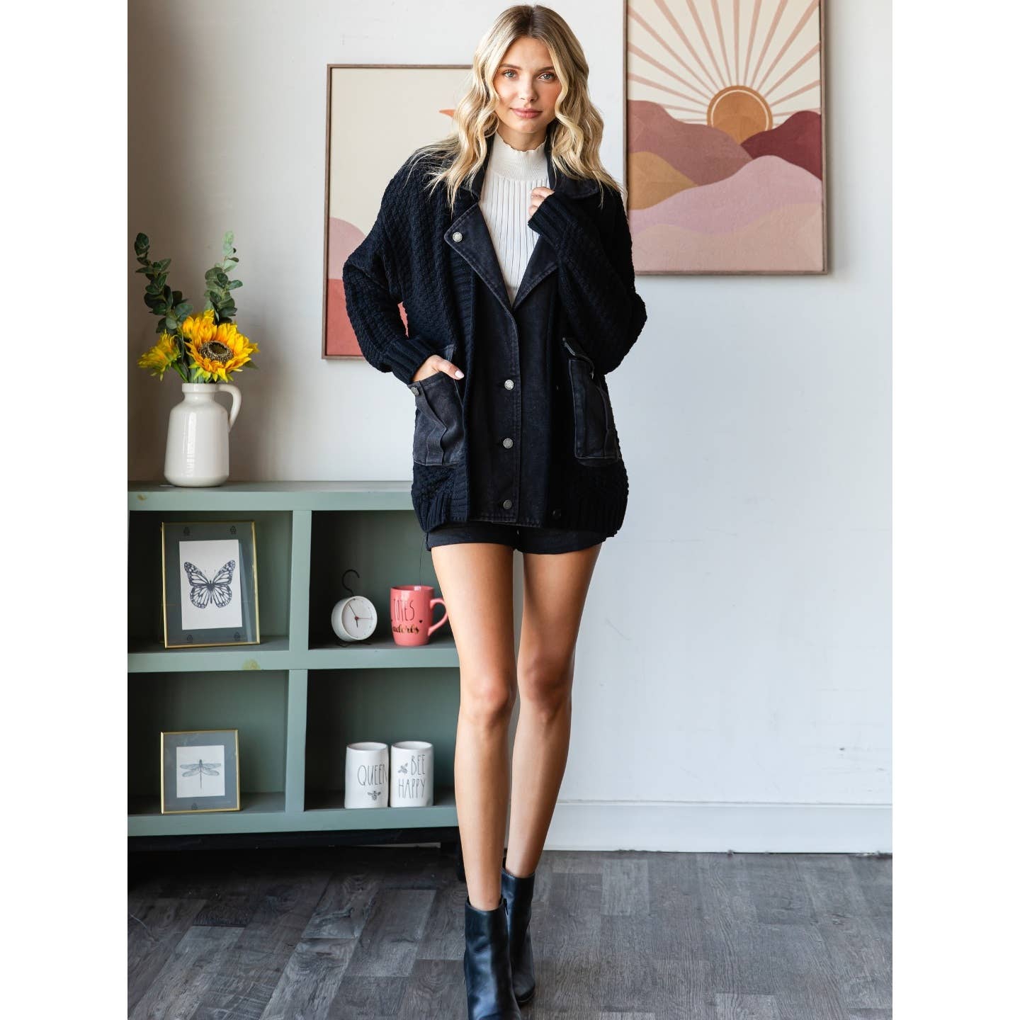 Knit Body Denim Layerd Jacket: Grey / Denim / L