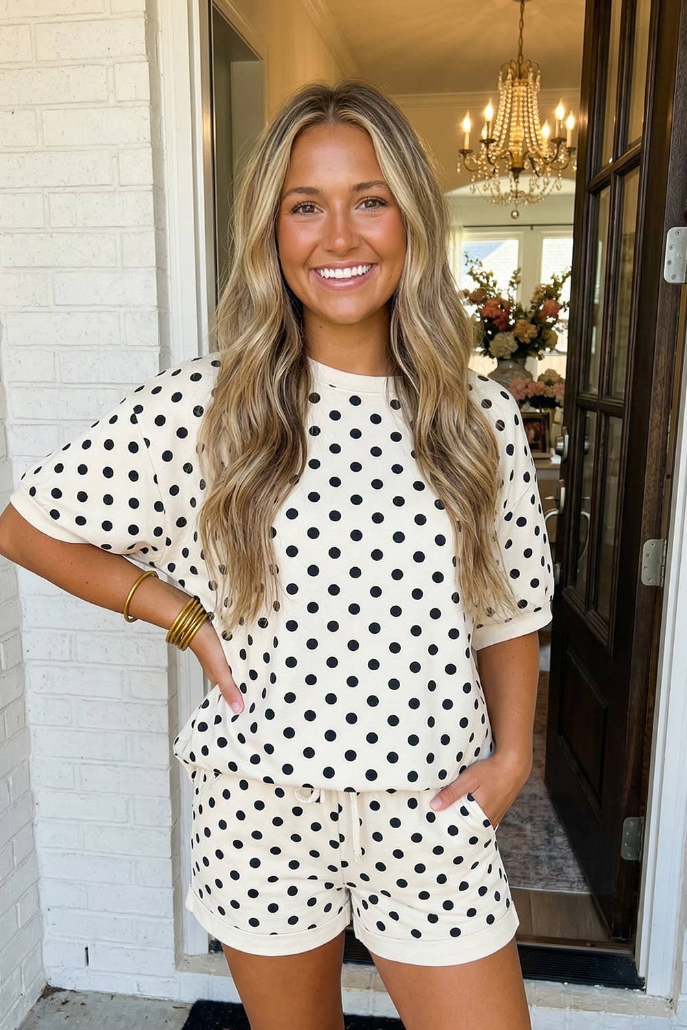 LAS Polka Dot Print Top Drawstring Shorts Set (S-XL)