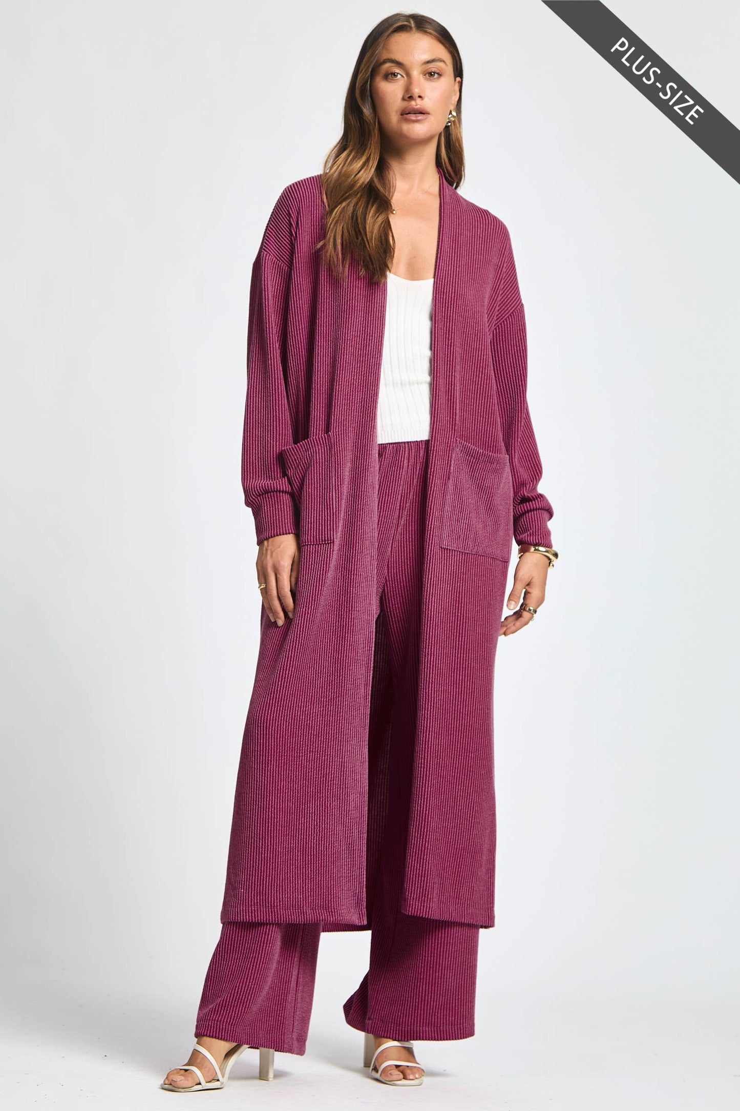 PLUS SIZE Longline Cardigan + Relaxed Pants 2 Piece Set: RED / XL