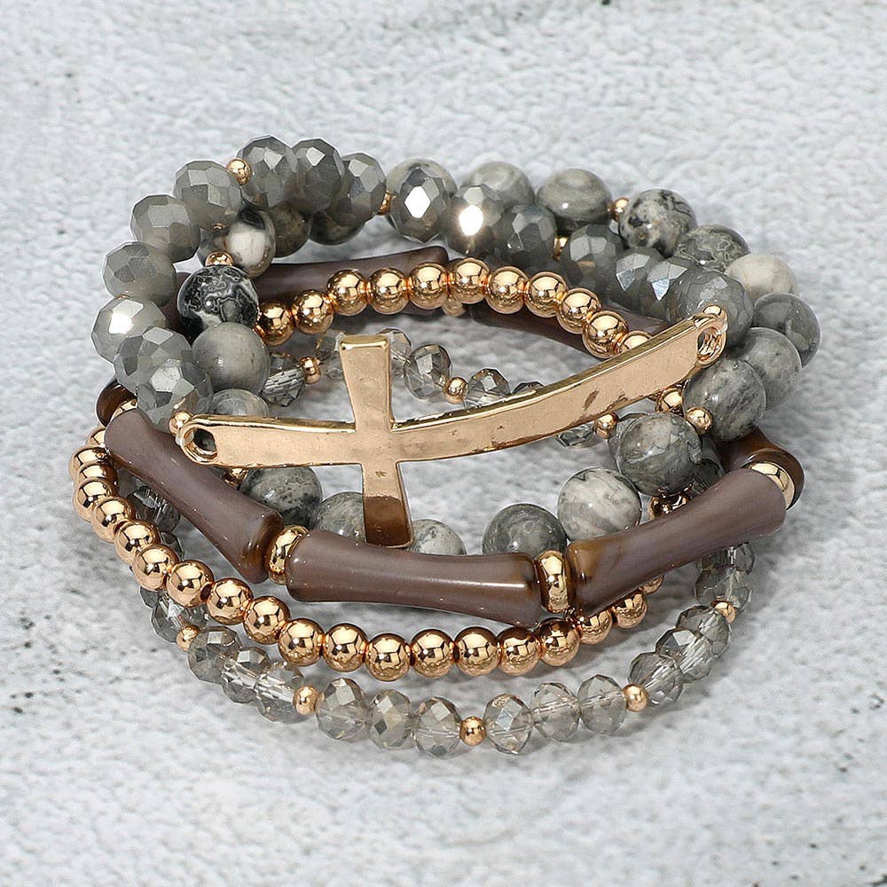 5PCS - Metal Cross Accent Resin Bamboo Bar Faceted Beaded Stretch Multi Layered Bracelets
