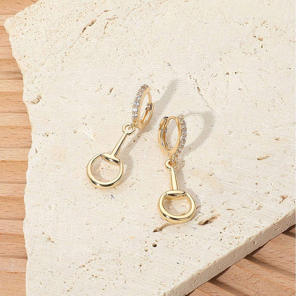 Stone Paved Huggie Hoop Accent Horsebit Drop Earrings