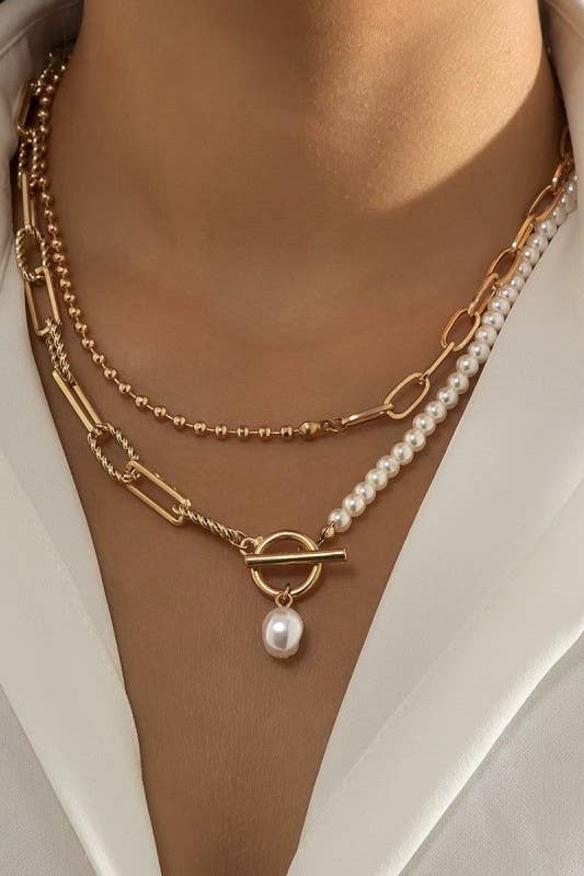 J35. PEARL MIX DOUBLE LAYER TOGGLE NECKLACE | 40NK9460