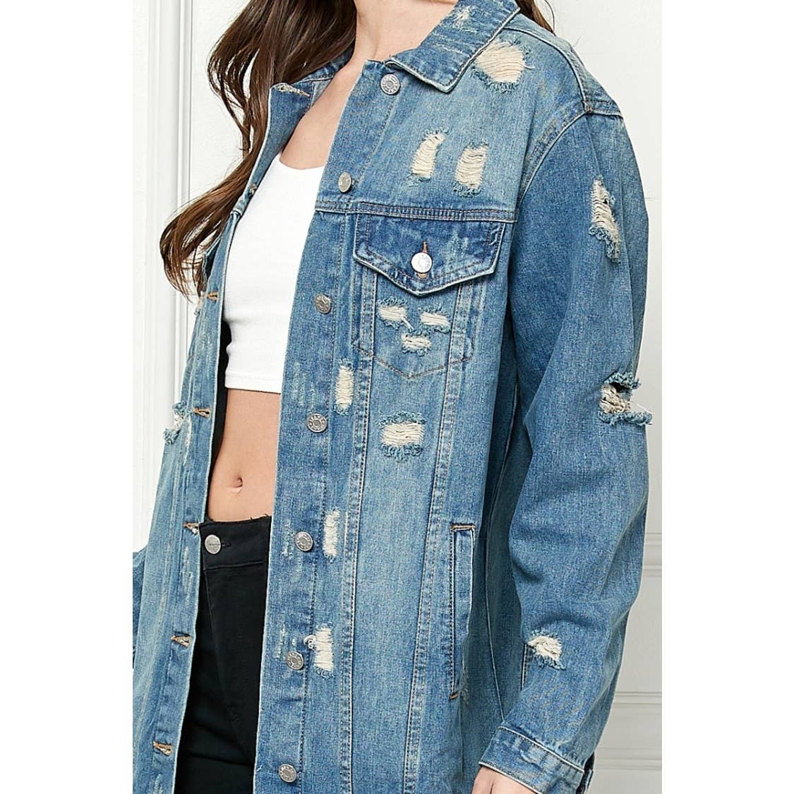 Distressed Long Denim Jacket: Med Wash / S