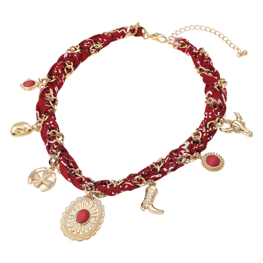 Western Themed Charm Fabric Braided Necklace: Beige,Gold