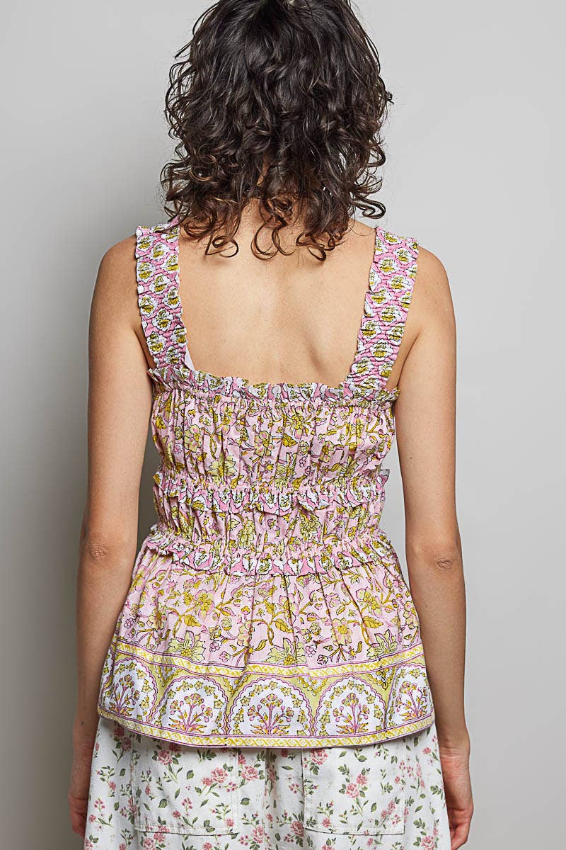 Square Neck Sleeveless Printed Ruffle Dress Woven Top