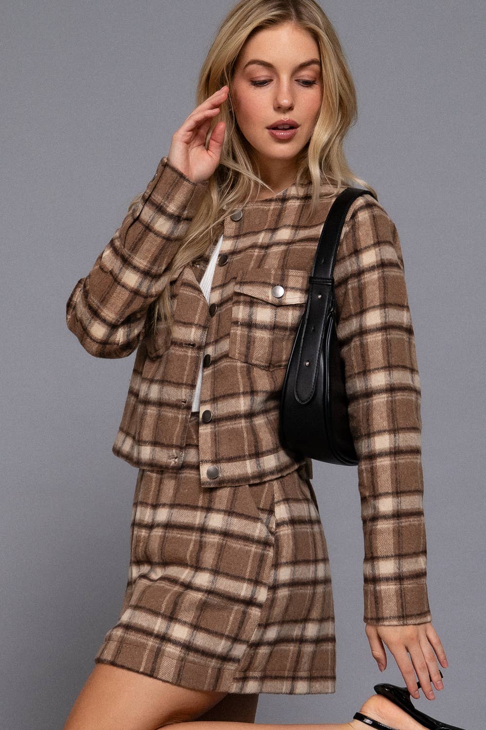 Long Sleeve Round Neck Brushed Plaid Jacket