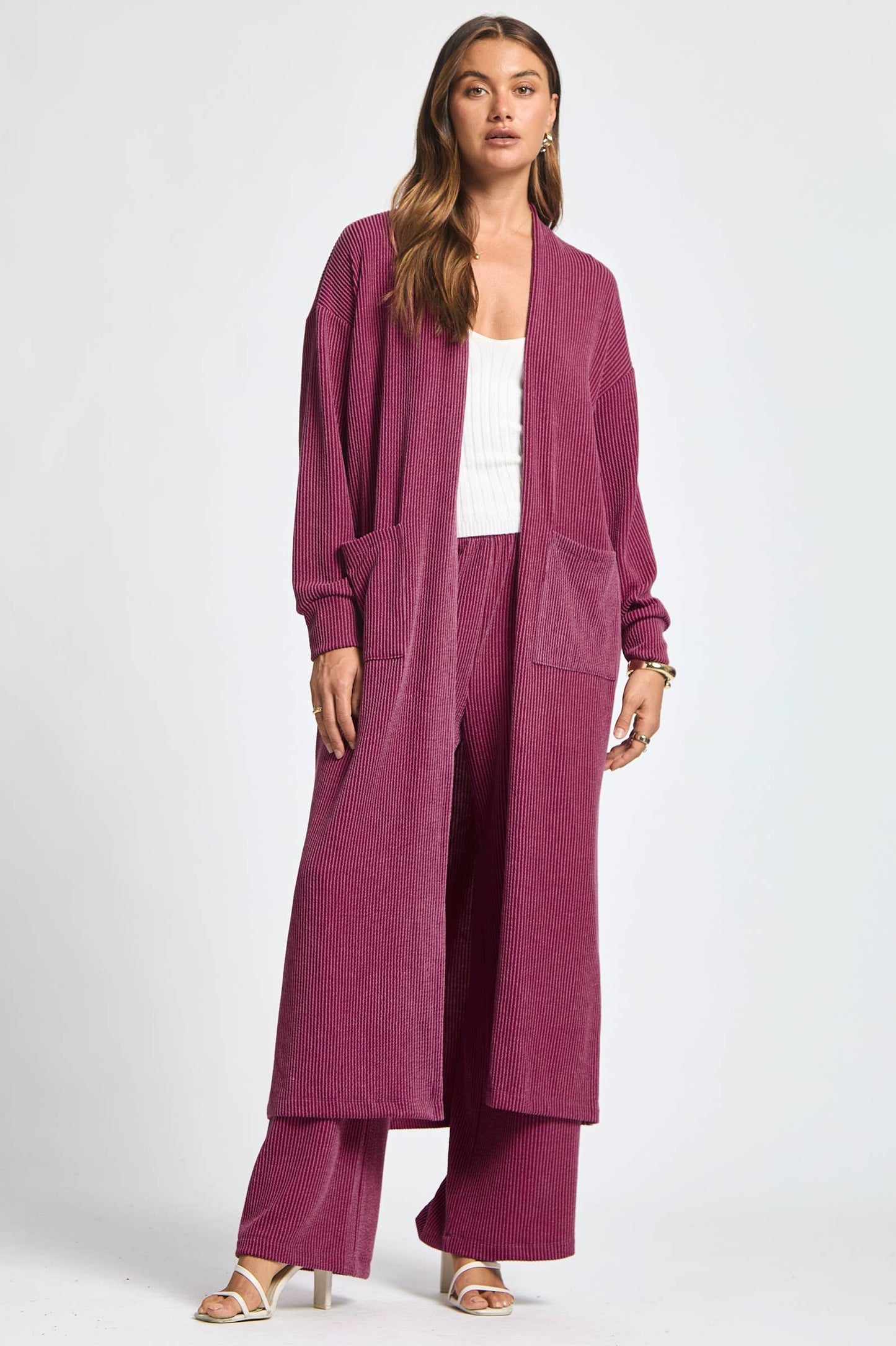 Longline Cardigan + Relaxed Pants 2 Piece: RED / S