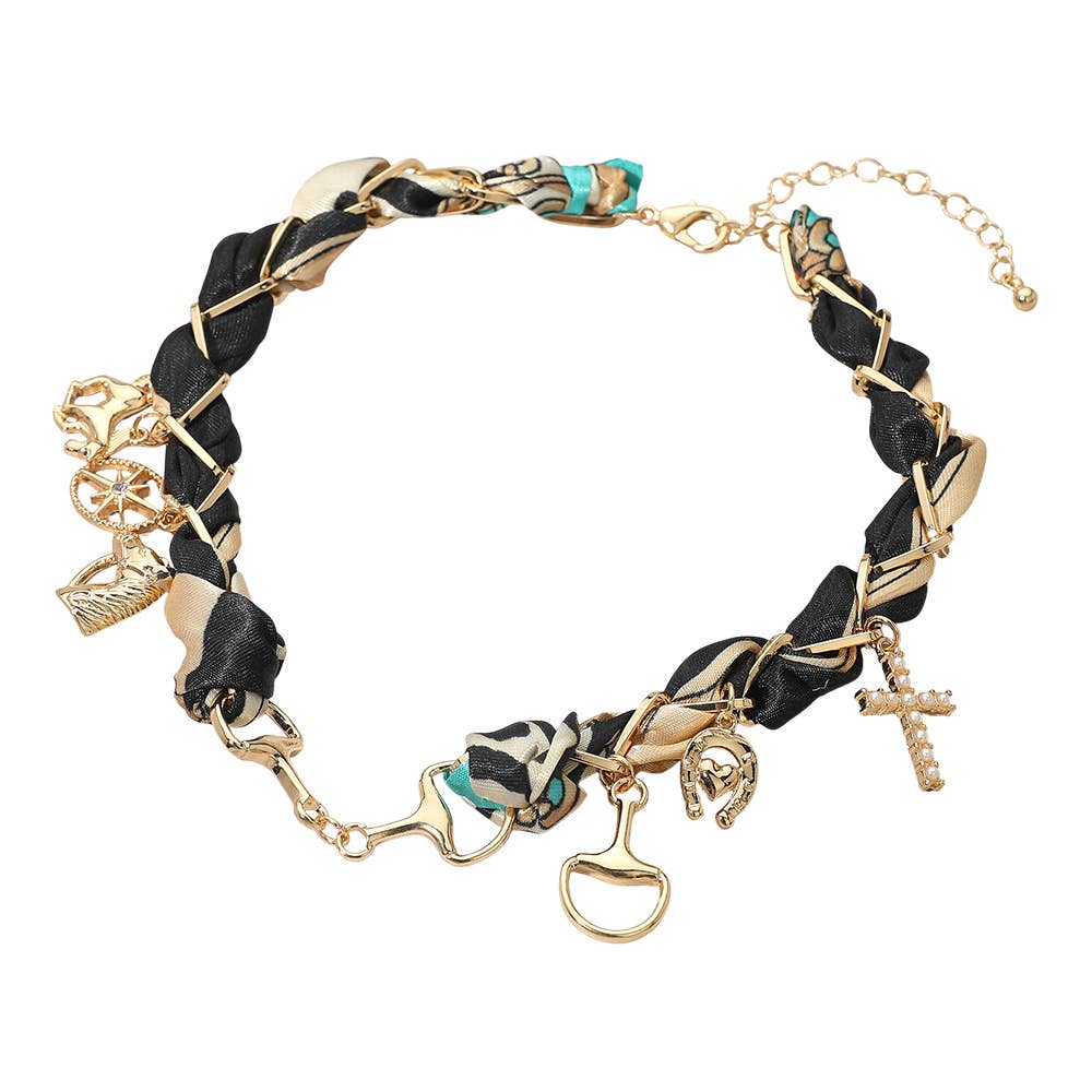 Horsebit Link Center Horse Horseshoe Pearl Cross Starburst Charm Station Fabric Necklace: Gold,Turquoise