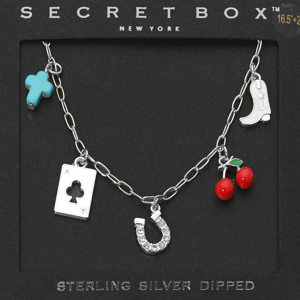 SECRET BOX_14K Gold Dipped Western Horseshoe Cowboy Boot Cross Playing Card Cherry Charm Station Paperclip Chain Necklace: Gold