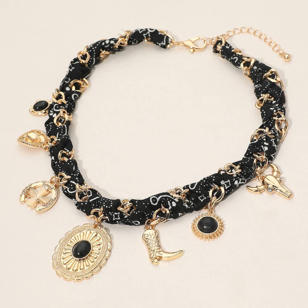 Western Themed Charm Fabric Braided Necklace