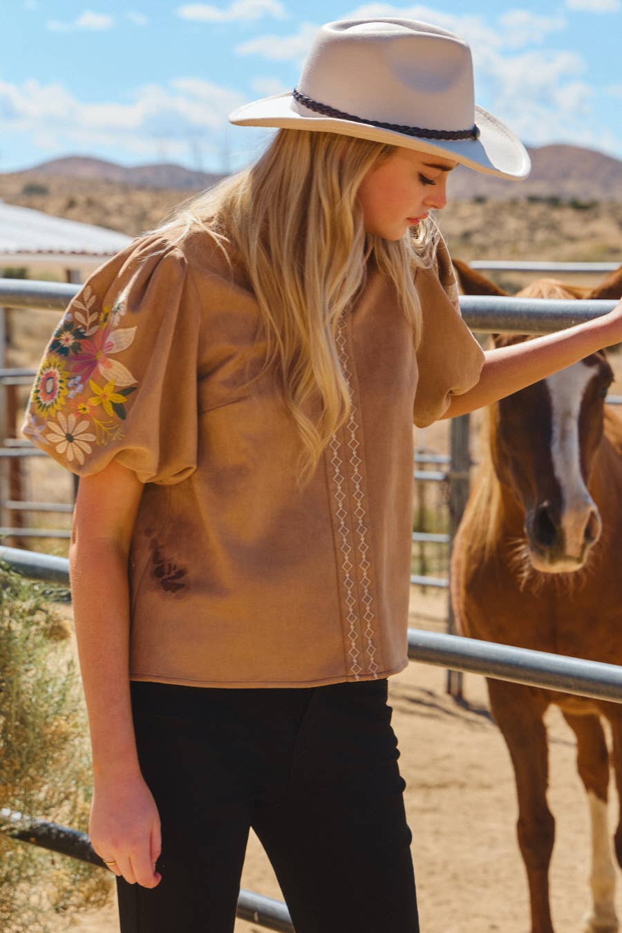 Faux Suede Puff Sleeve Top: Olive / S