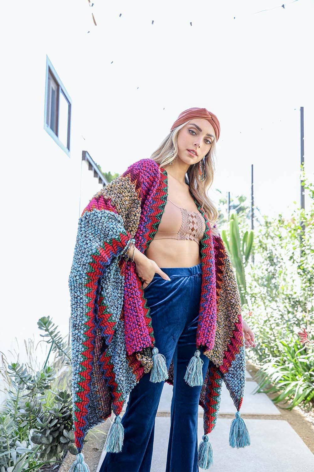 Western Colorful Crochet Patterned Ruana - The Original!: Maroon
