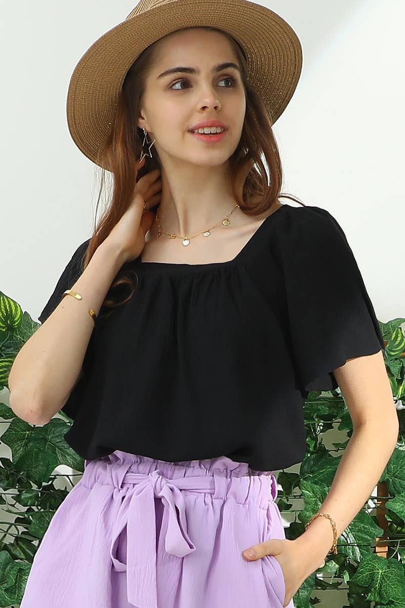 PLUS SQAURE NECK RUFFLE NECK SHORT SLEEVE BLOUSE