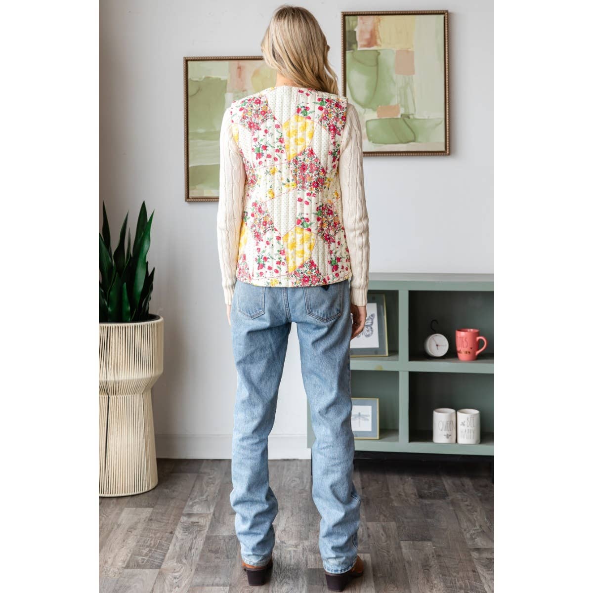 Multi Flower Quilted Vest with Front Ribbon