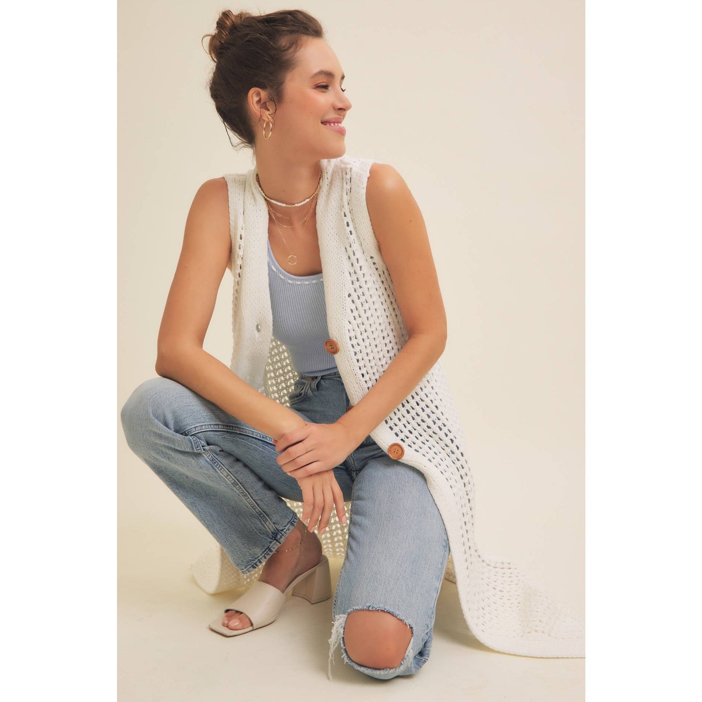 BUTTON-DOWN OPEN KNIT SLEEVELESS MIDI SWEATER CARDIGAN