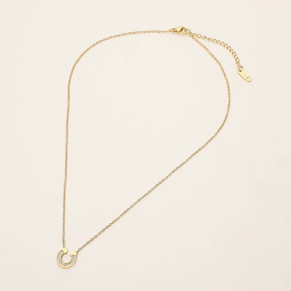 J9. SECRET BOX Stainless Steel Stone Pave Dainty Horseshoe Pendant Necklace