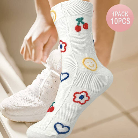 10Pairs - Cherry Flower Heart Smile Face Patterned Socks