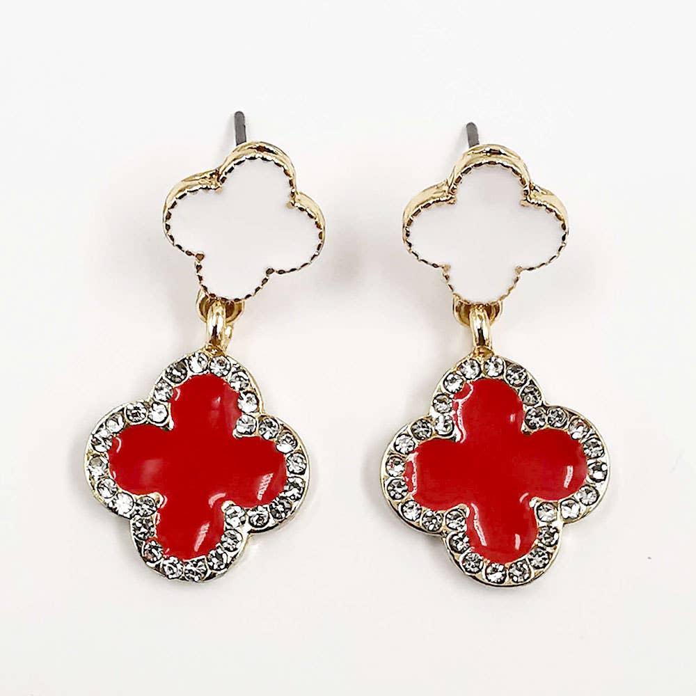 Rhinestone Accented Quatrefoil Drop Earrings: Black,Rhodium,White