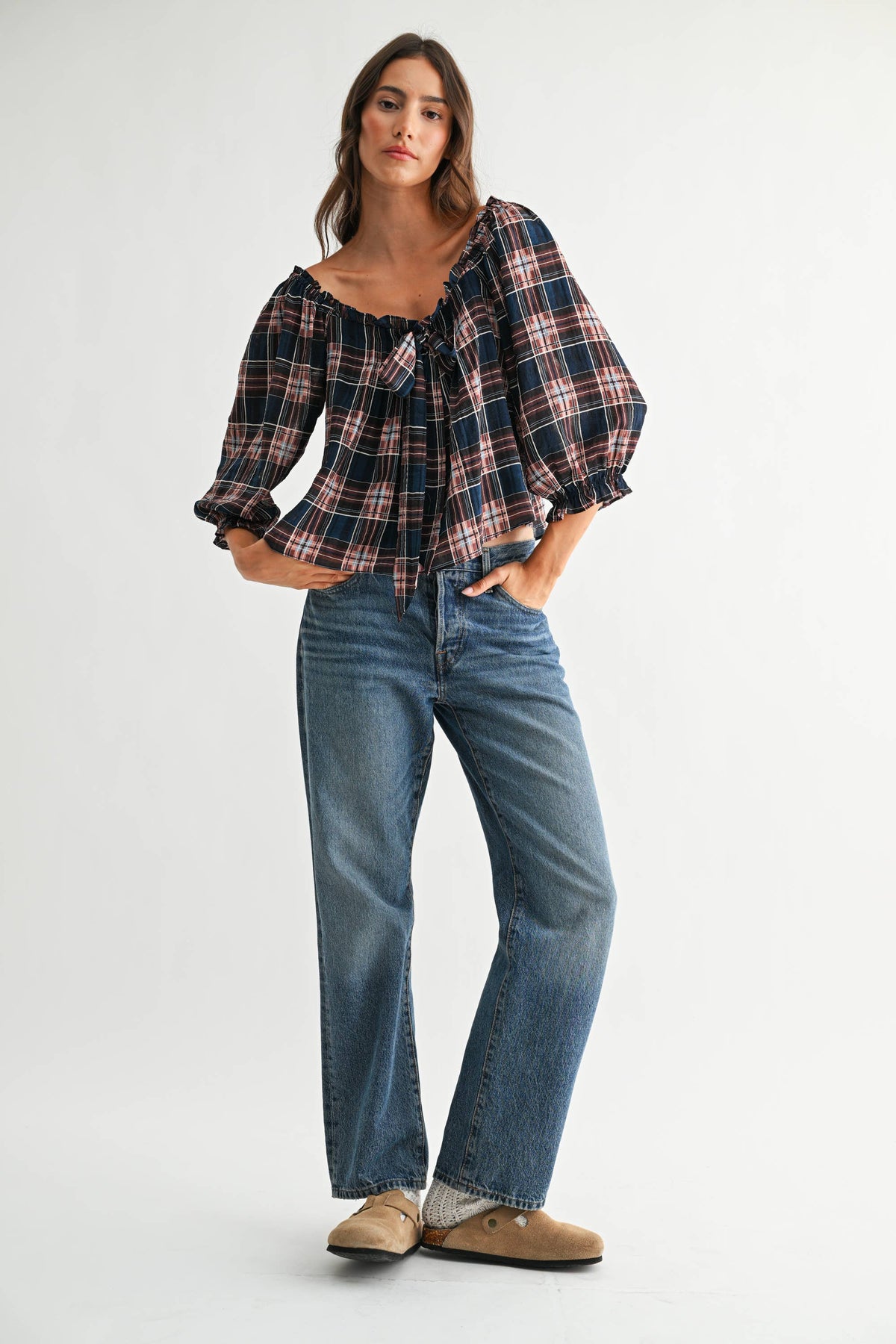 CET26536A Plaid Off-Shoulder Tie Top