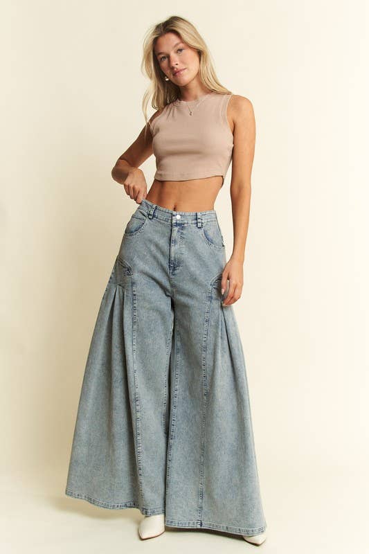 DENIM WIDE LEG FLARED PANTS: DENIM / L