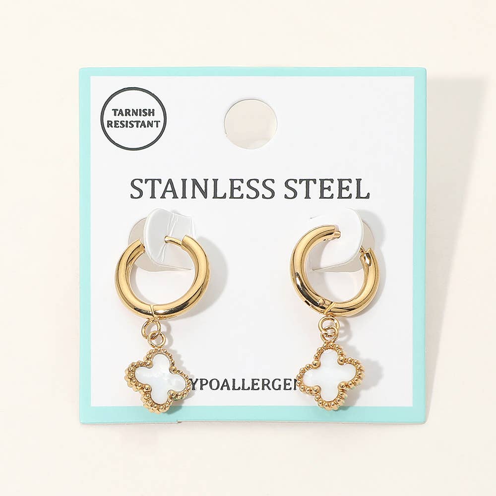 J11. Stainless Steel Quatrefoil Charm Drop Dangle Huggie Hoop Earrings