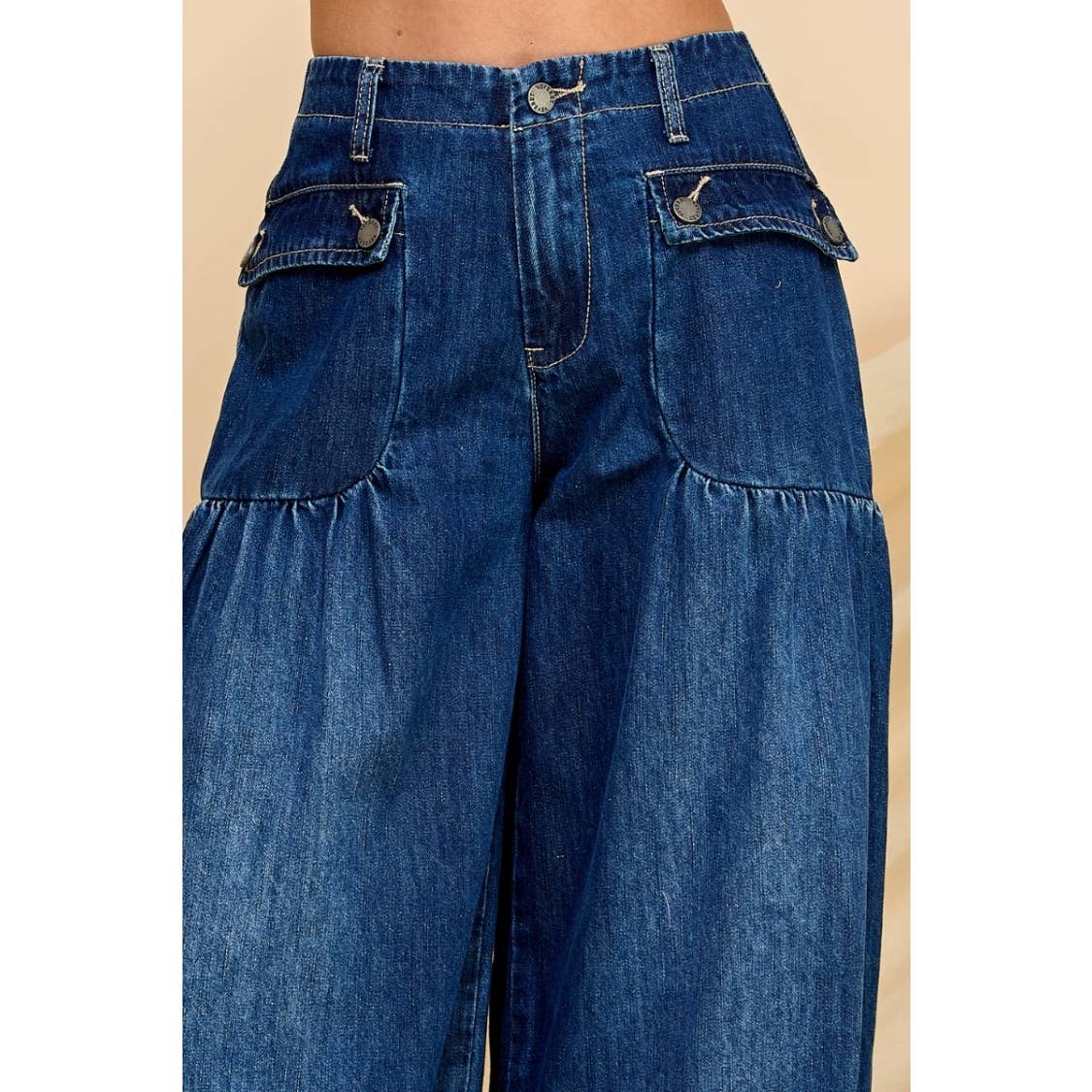 Ankle Drawstring Wide Denim Pants: Dark Wash / M