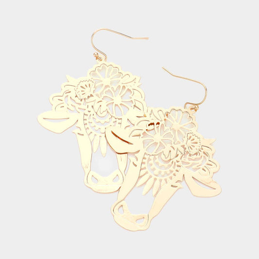 Cut Out Brass Metal Flower Cow Dangle Earrings
