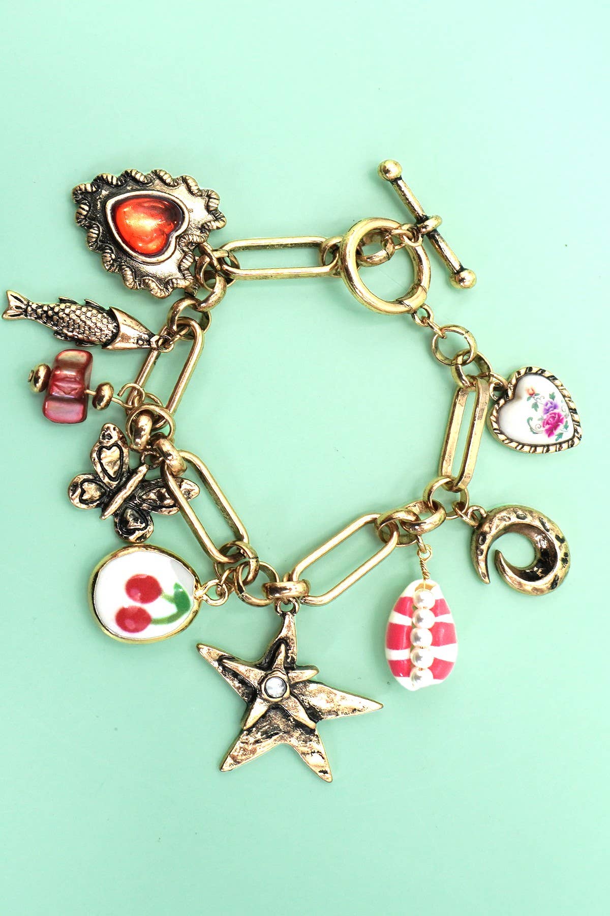 CHARM BRACELET PORCELAIN CHERRY FISH HEART CHERRY | 80B1359: BURNISHED GOLD