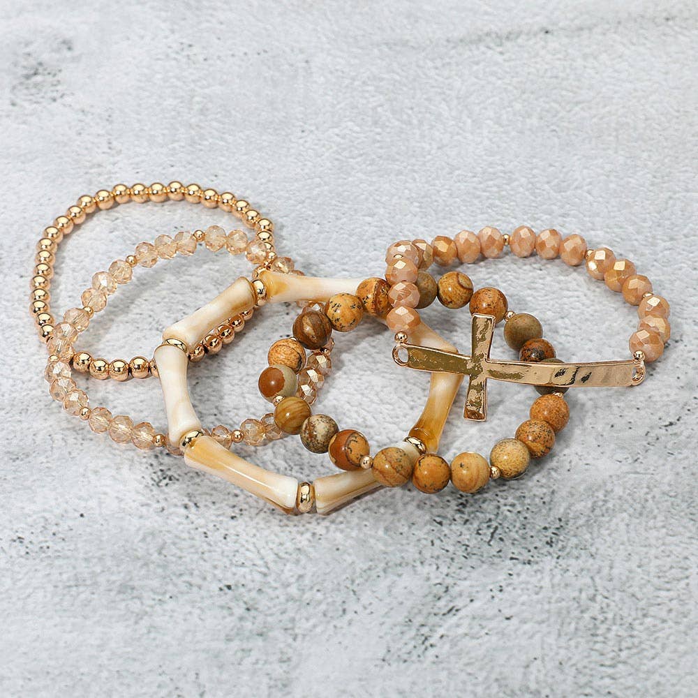 5PCS - Metal Cross Accent Resin Bamboo Bar Faceted Beaded Stretch Multi Layered Bracelets