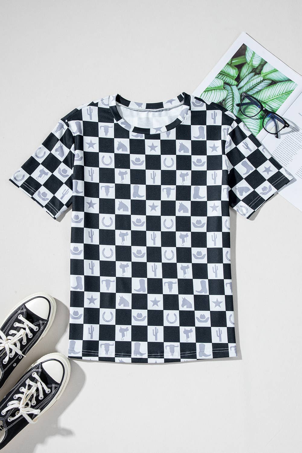 Western Fashion Checkerboard Print Side Split T Shirt