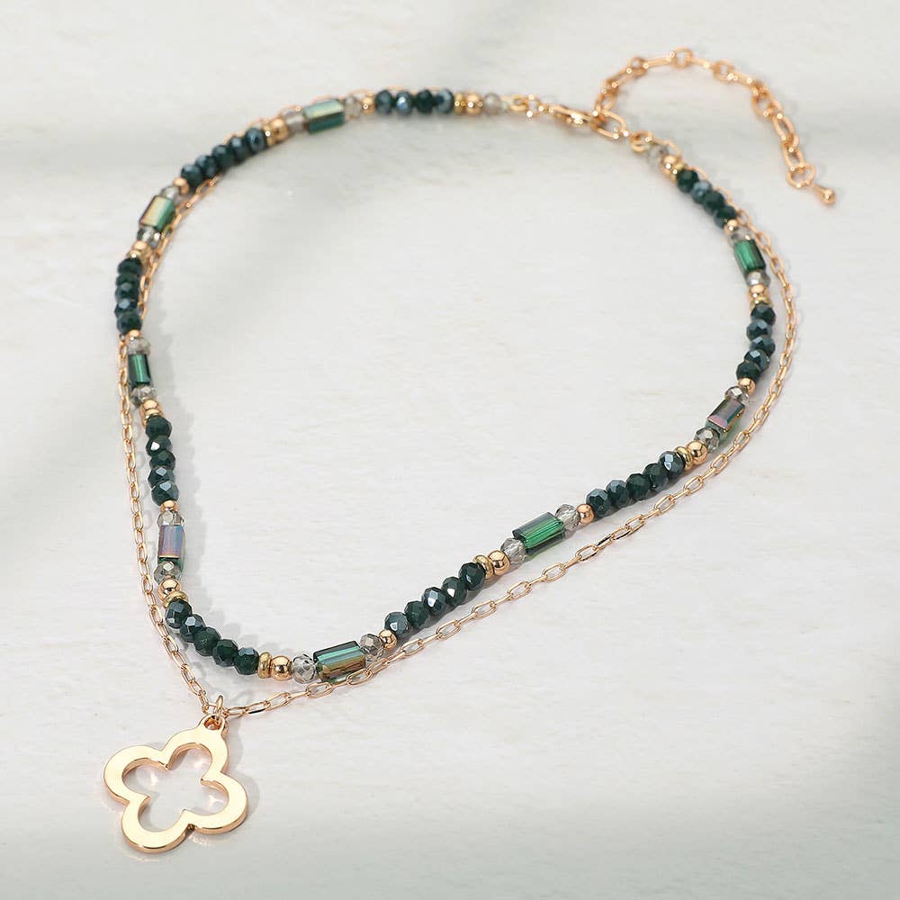 Metal Open Quatrefoil Pendant Faceted Beaded Layered Necklace