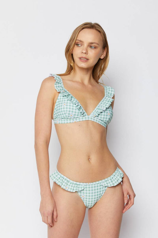 Ruffled bikini 2pcs Set - Gingham Daisy Lime