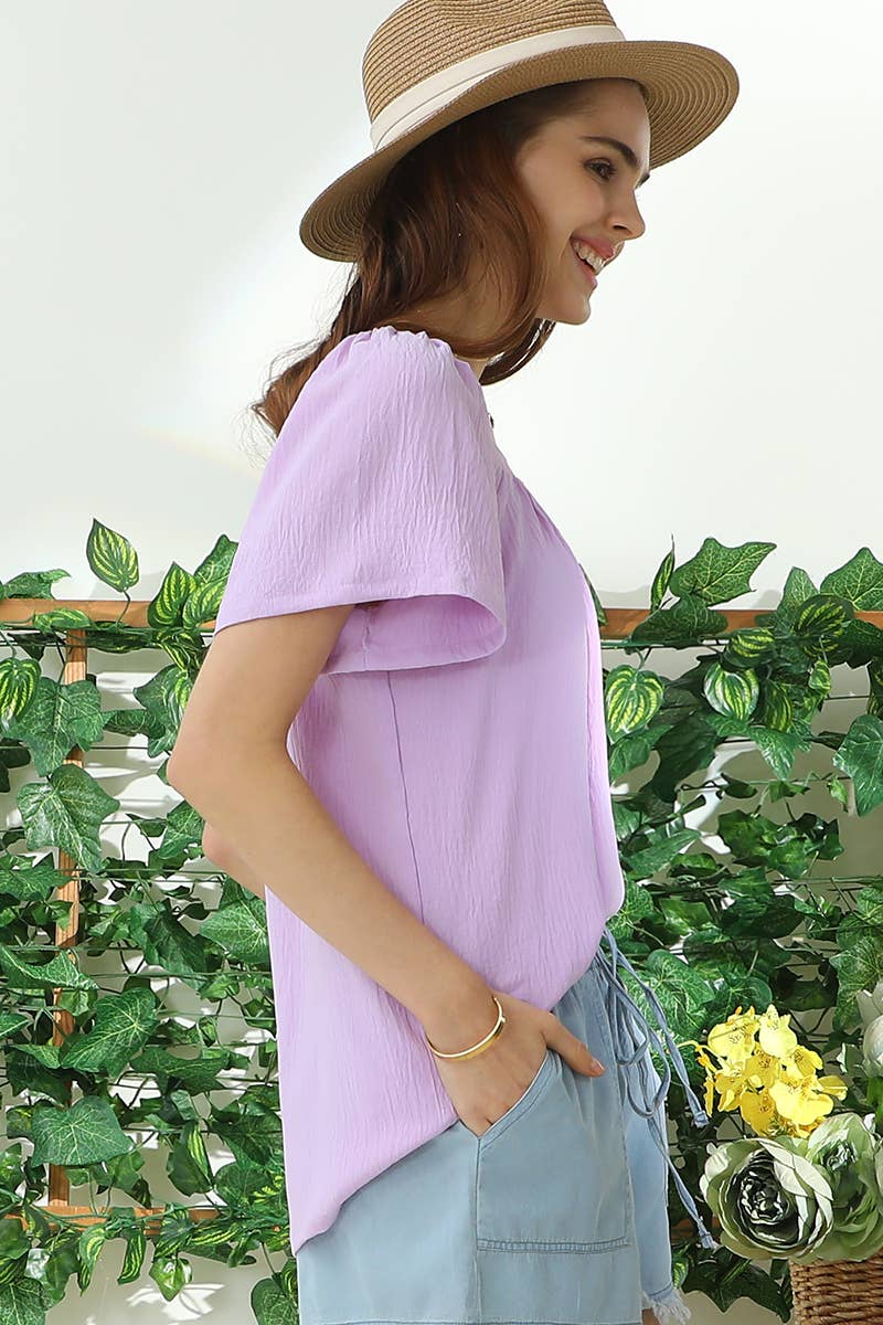 PLUS SQAURE NECK RUFFLE NECK SHORT SLEEVE BLOUSE