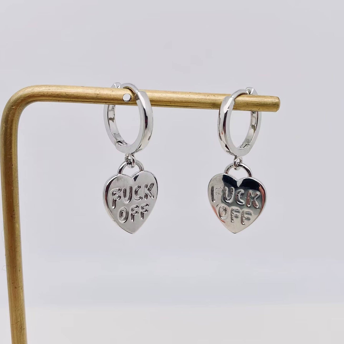 "Fuck off" Heart-shaped Gold Plated Huggie Earrings