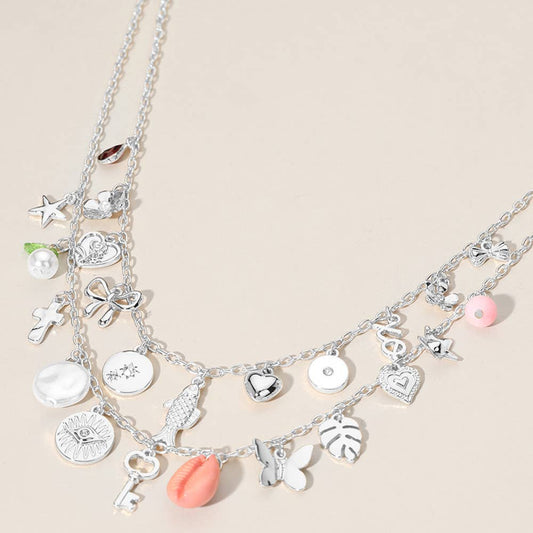 Key Butterfly Shell Charm Flower Double Layered Necklace