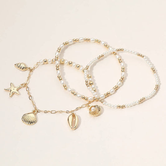 3PCS Starfish Puka Charm Pearl Bead Stretch Layer Bracelets