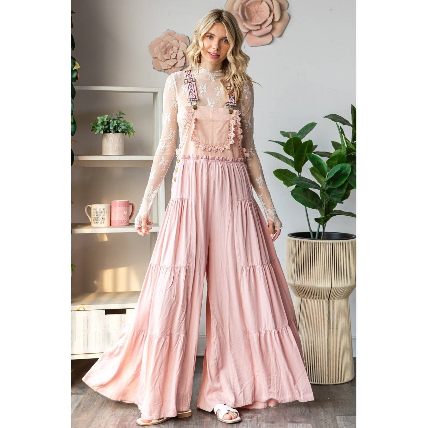 Embroidered Strap Flowy Jumpsuit: Black / S
