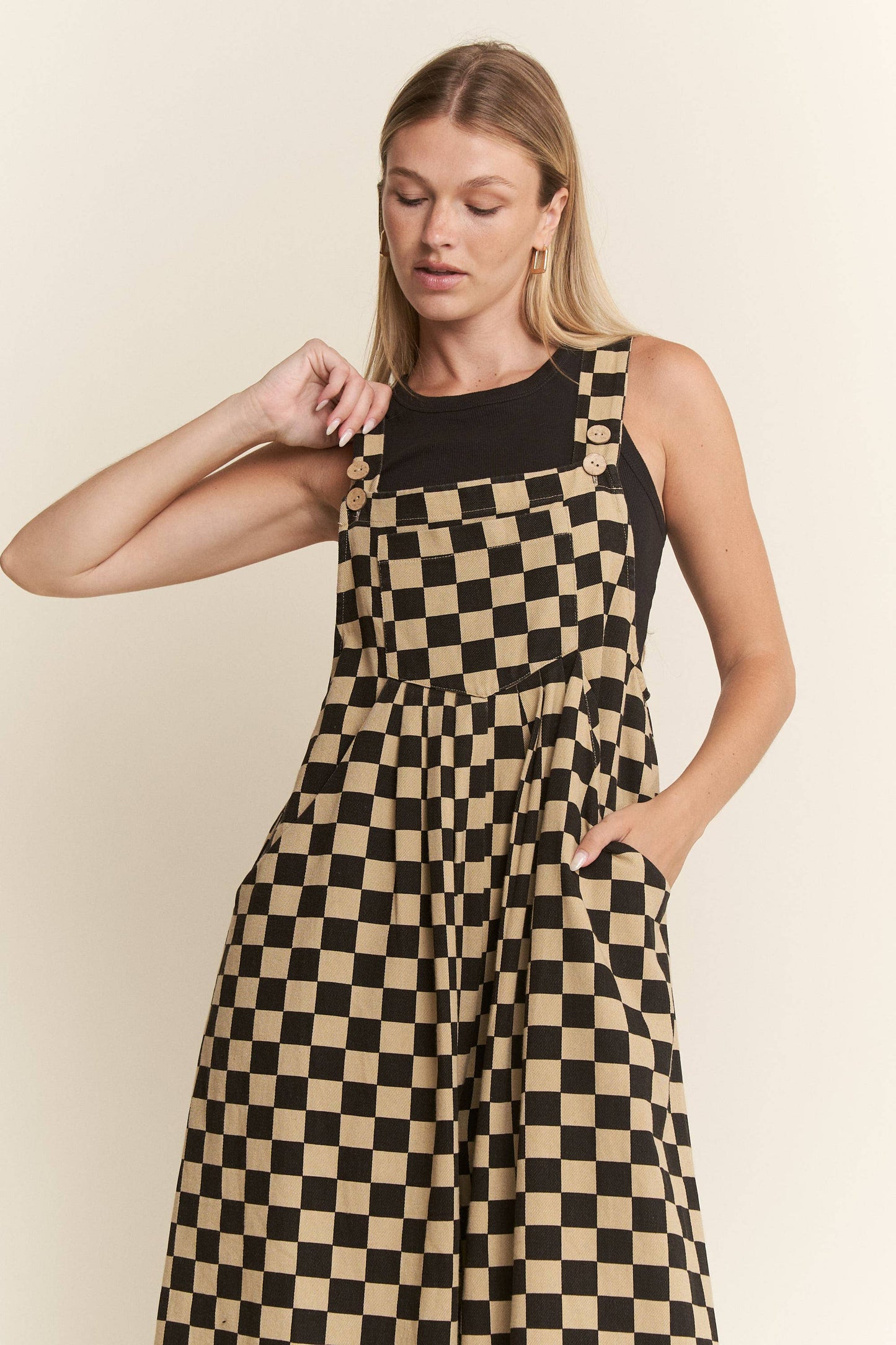 CHECKERED WIDE LEG OVERALLS